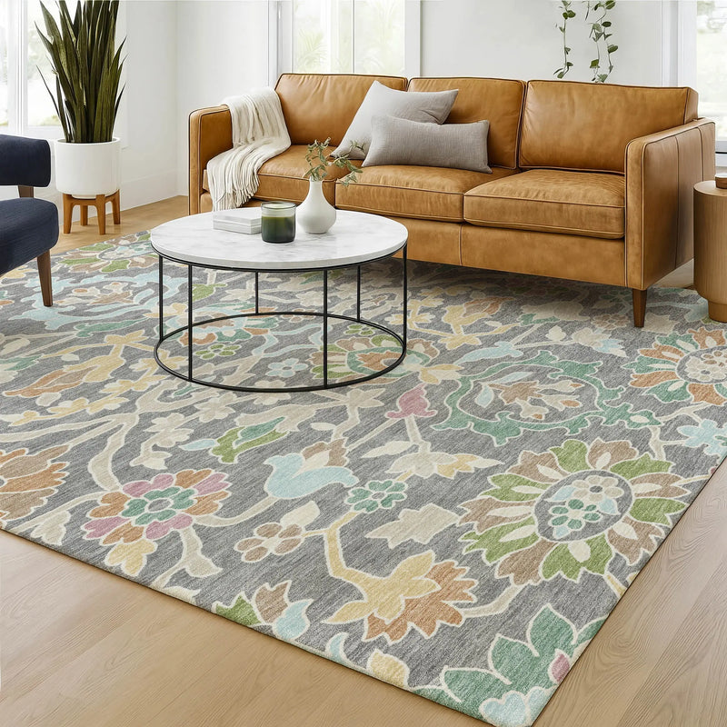 3' X 5' Gray And Silver Floral Washable Indoor Outdoor Area Rug Homeroots Outdoor