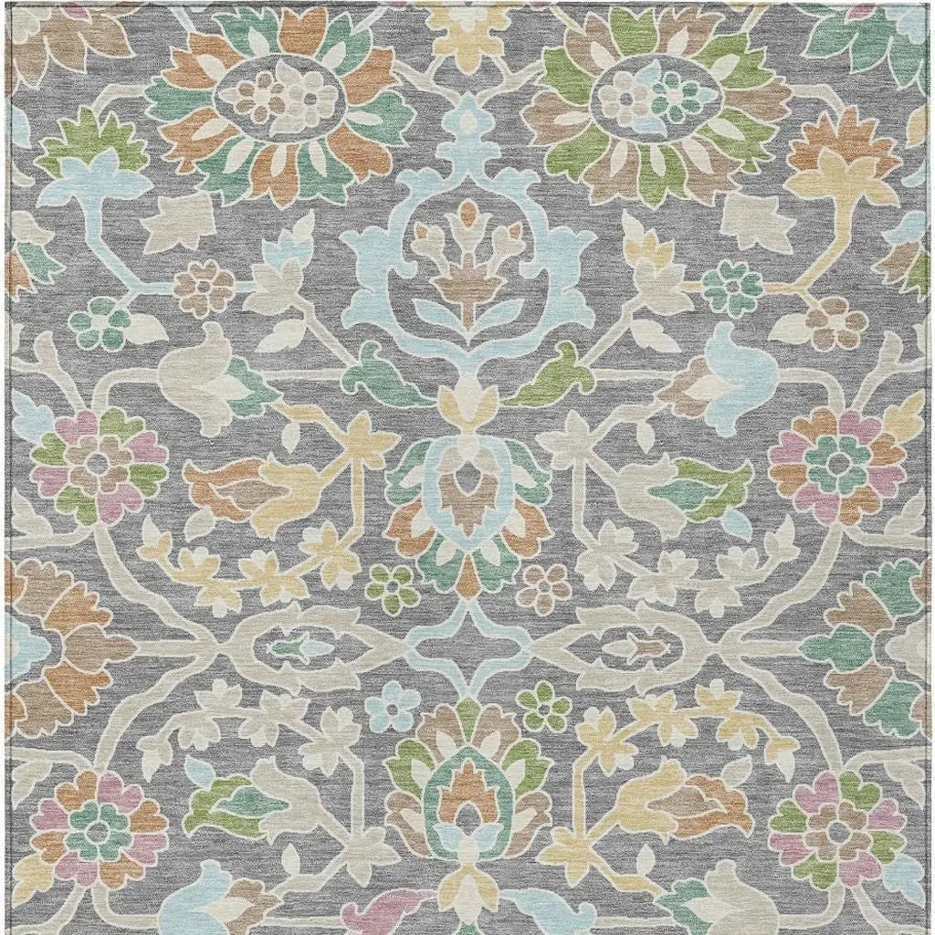 3' X 5' Gray And Silver Floral Washable Indoor Outdoor Area Rug Homeroots Outdoor