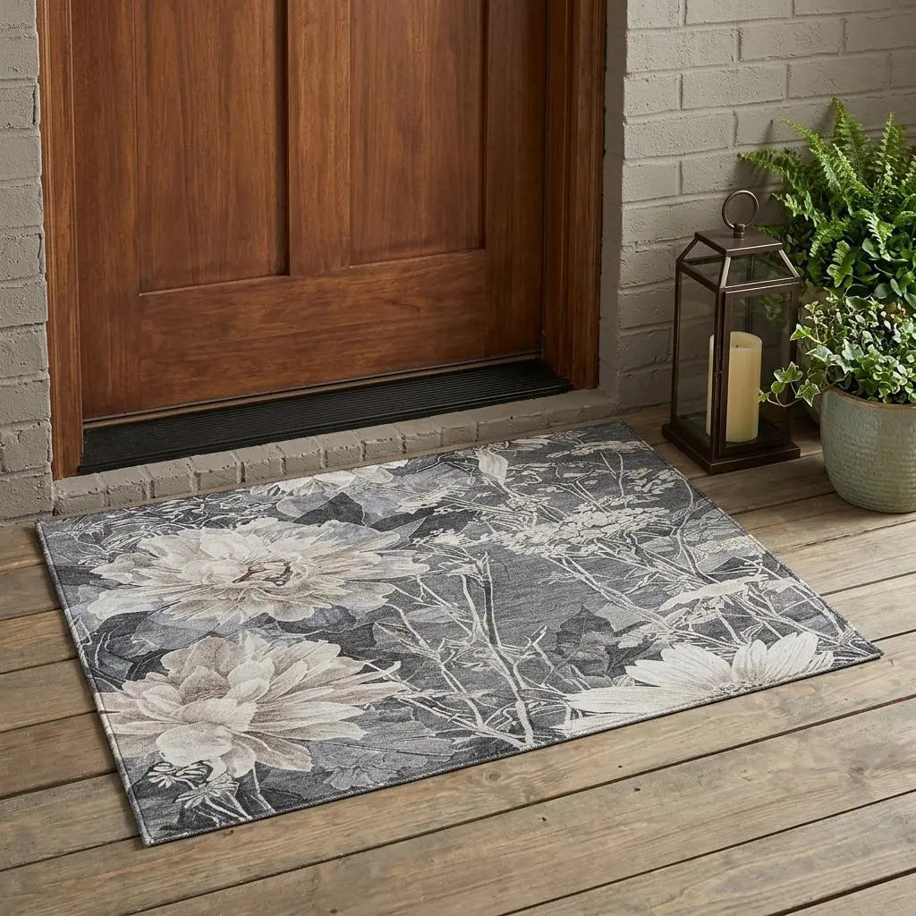 3' X 5' Gray And Silver Floral Washable Indoor Outdoor Area Rug Homeroots Outdoor