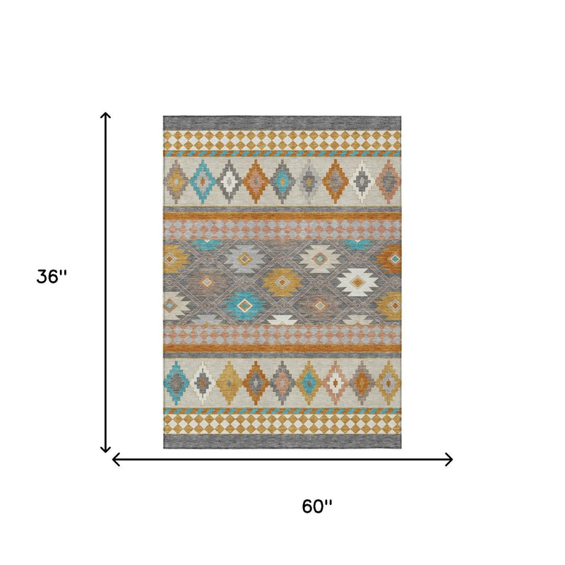 3' X 5' Gray And Silver Southwestern Washable Indoor Outdoor Area Rug Homeroots Outdoor