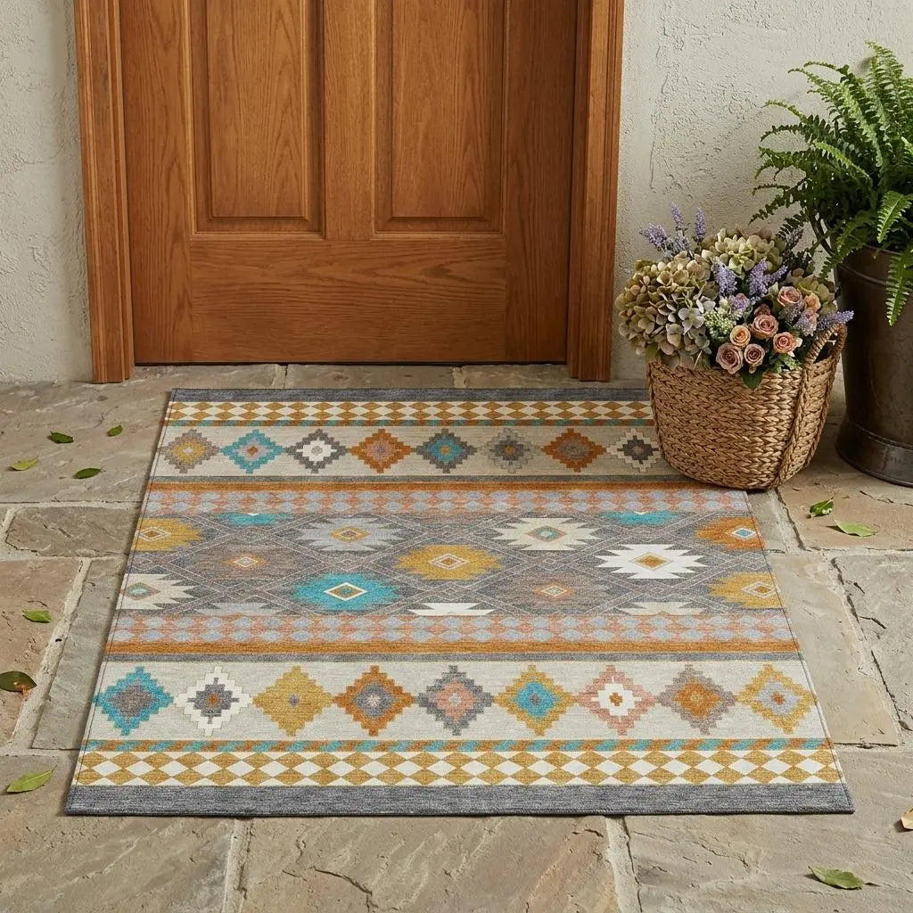 3' X 5' Gray And Silver Southwestern Washable Indoor Outdoor Area Rug Homeroots Outdoor