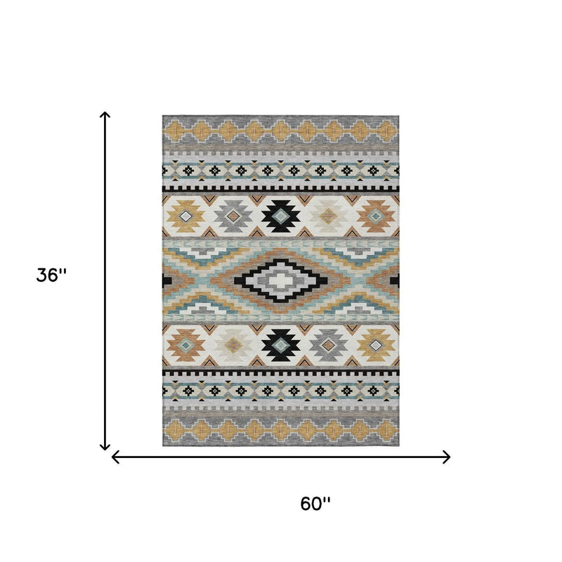 3' X 5' Gray And Silver Southwestern Washable Indoor Outdoor Area Rug Homeroots Outdoor