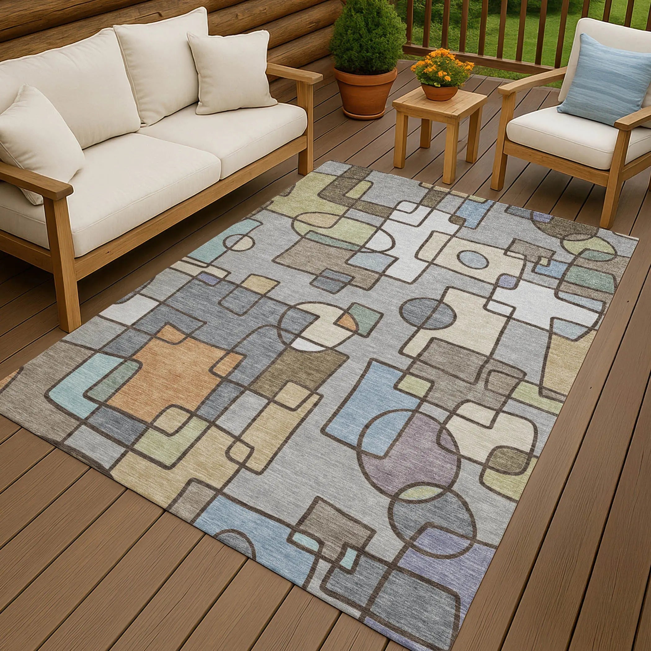 3' X 5' Gray And Sky Blue Geometric Washable Indoor Outdoor Area Rug Homeroots Outdoor