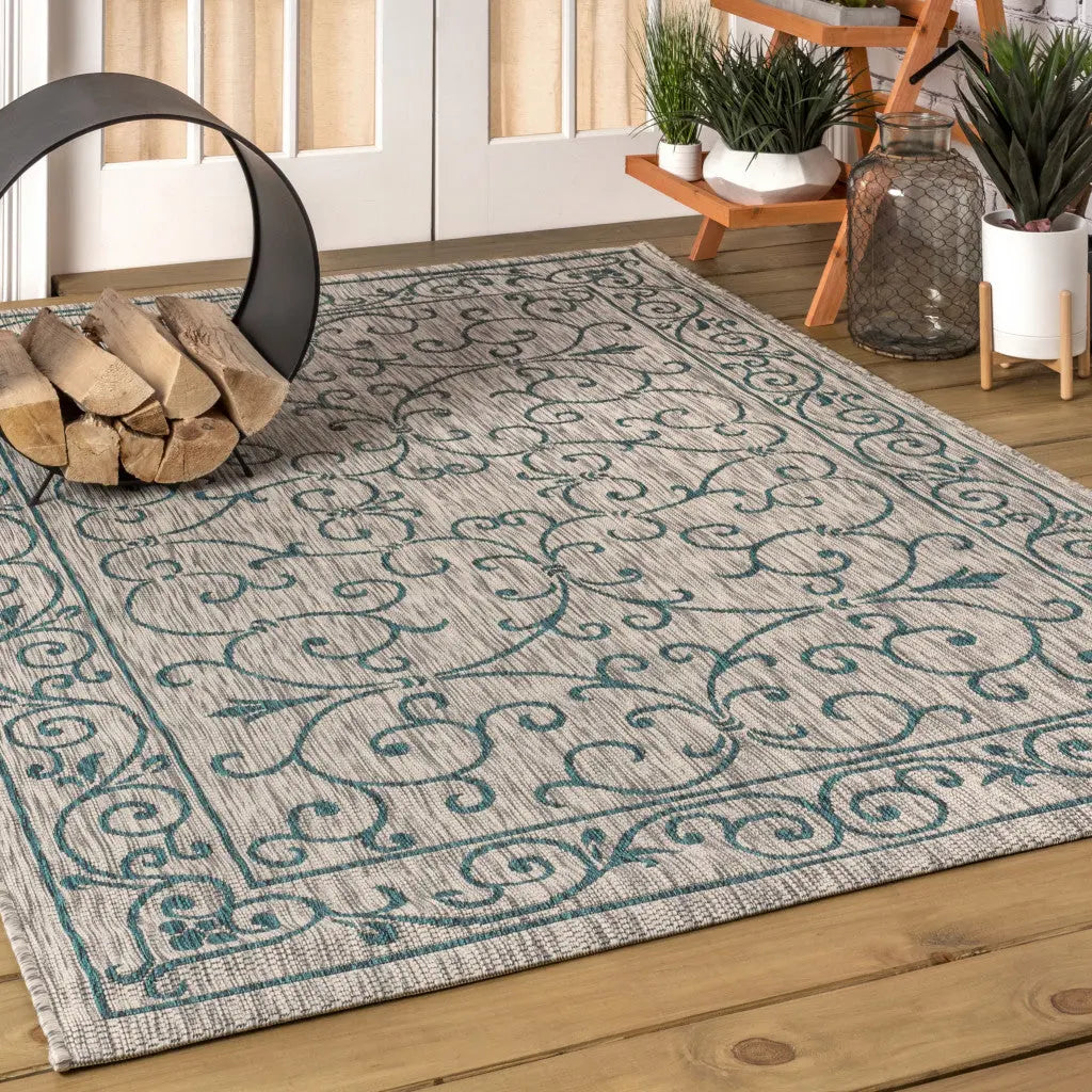 3' X 5' Gray And Teal Blue Medallion Indoor Outdoor Area Rug Homeroots Outdoor