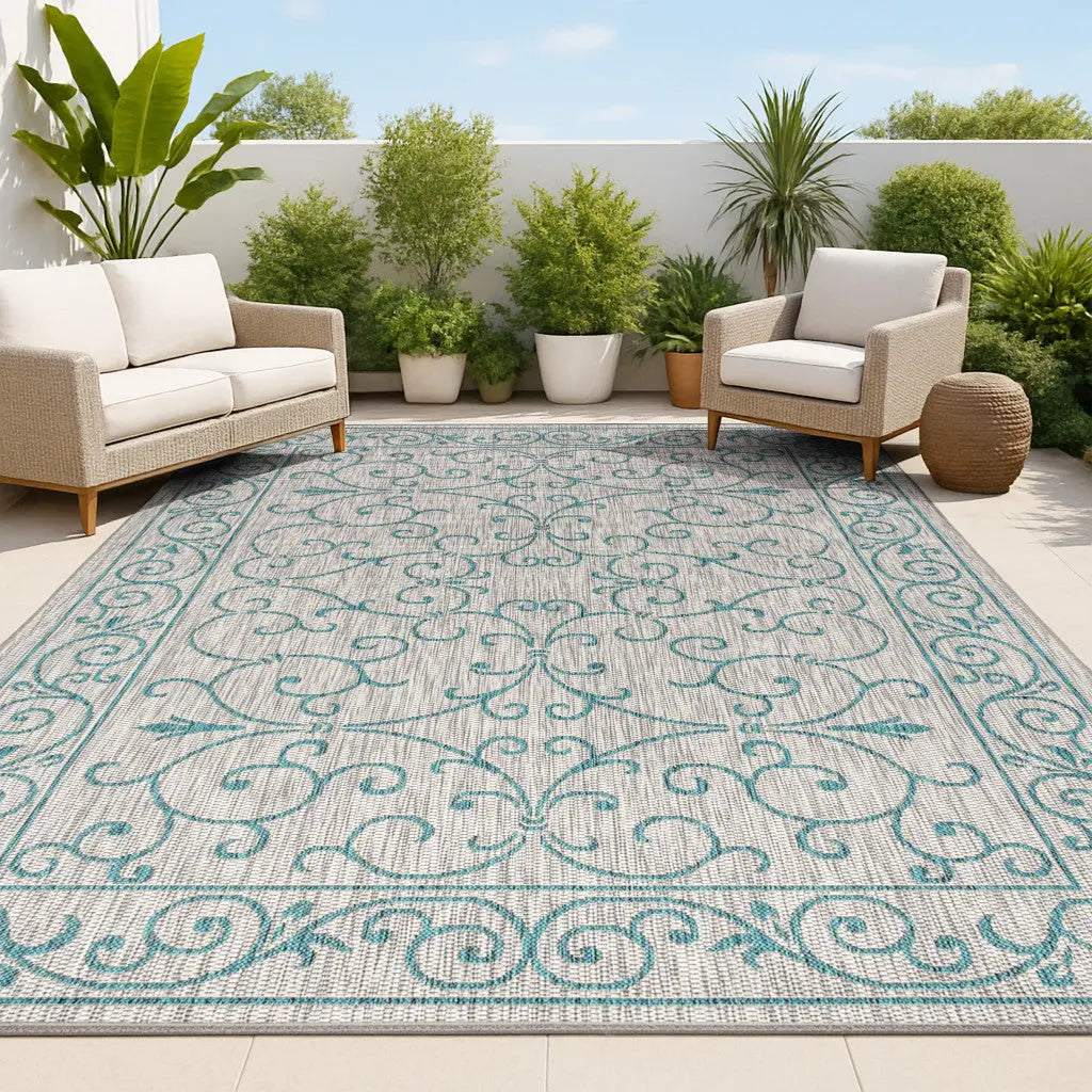 3' X 5' Gray And Teal Blue Medallion Indoor Outdoor Area Rug Homeroots Outdoor