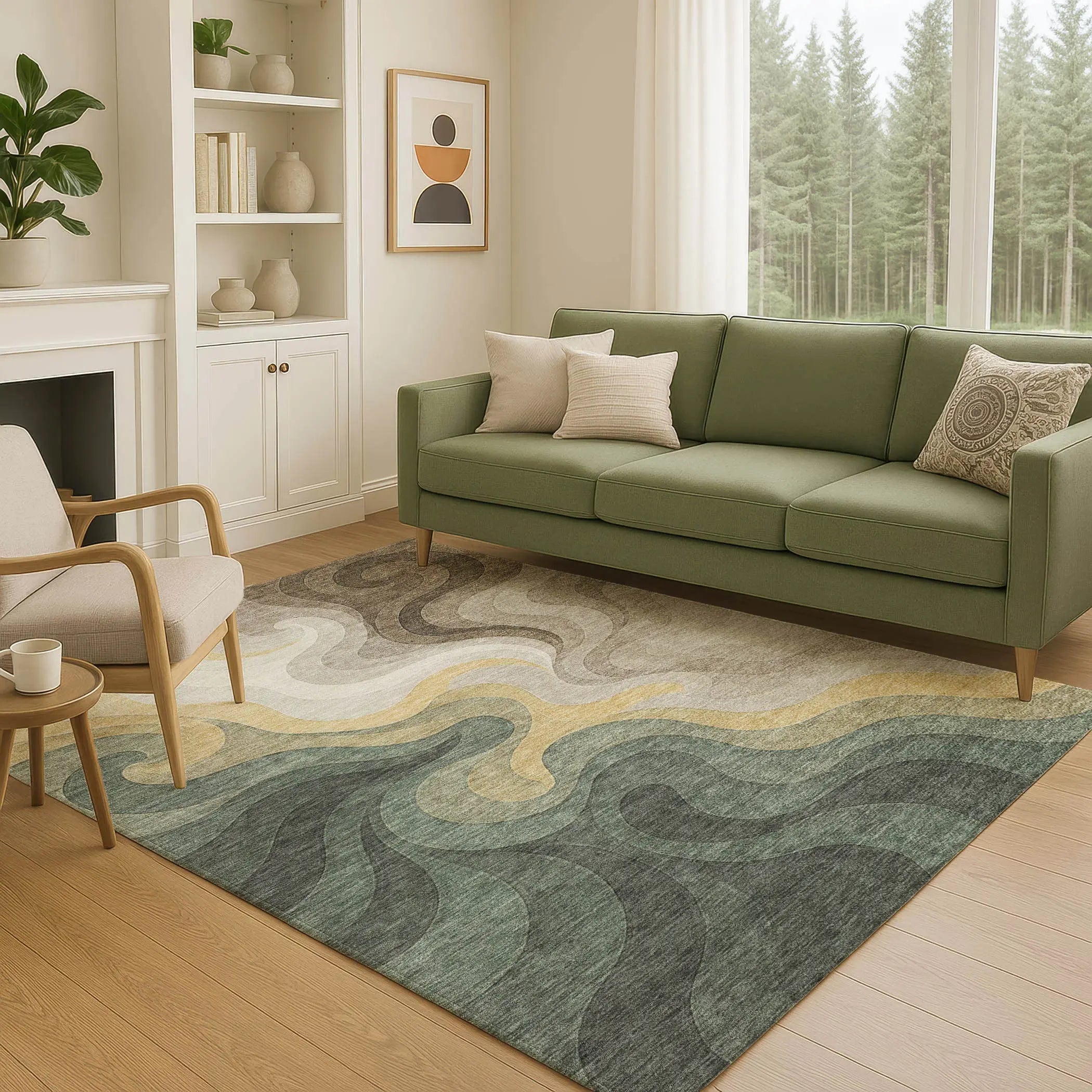 3' X 5' Green And Beige Abstract Washable Indoor Outdoor Area Rug Homeroots Outdoor