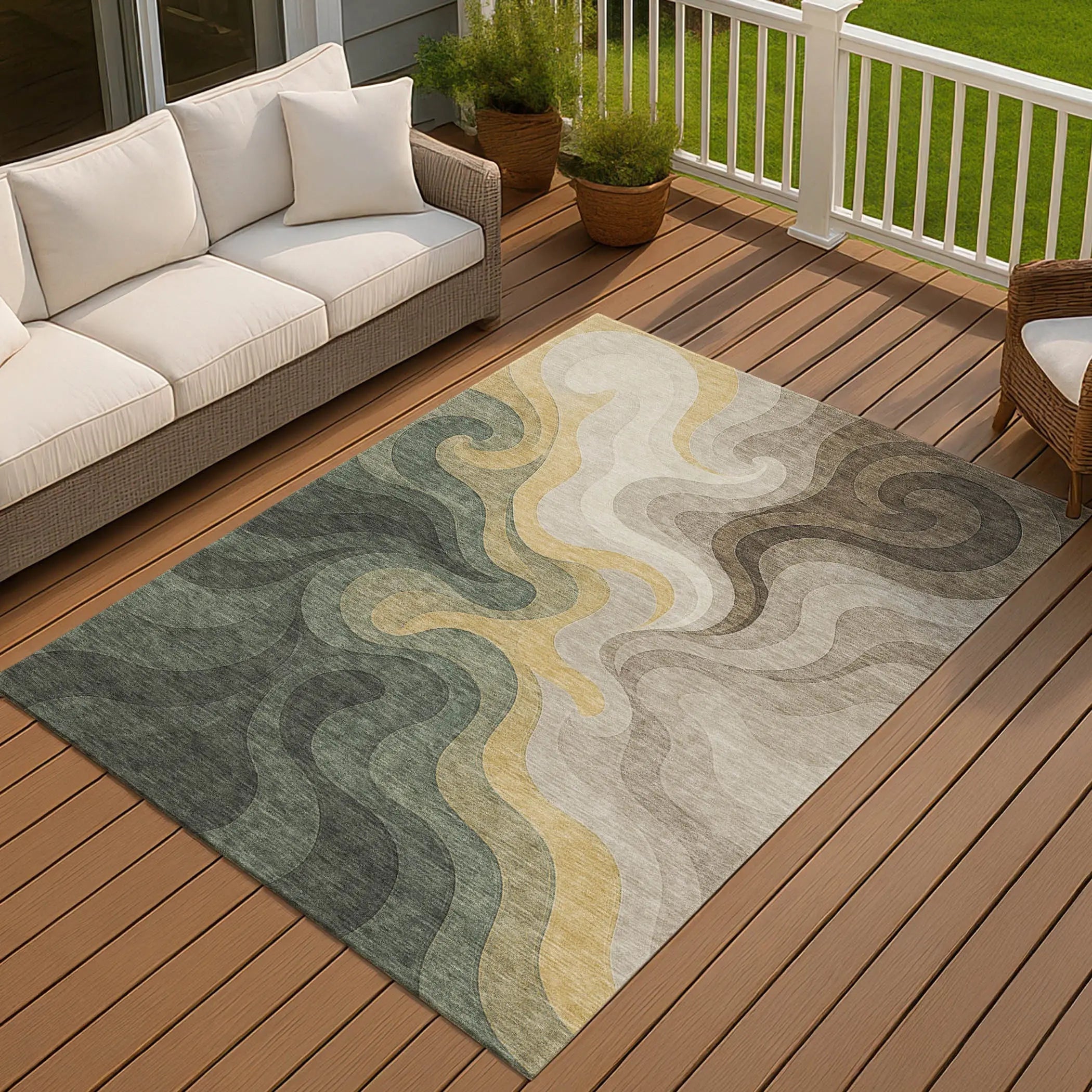 3' X 5' Green And Beige Abstract Washable Indoor Outdoor Area Rug Homeroots Outdoor