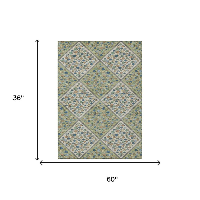 3' X 5' Green And Beige Abstract Washable Indoor Outdoor Area Rug Homeroots Outdoor