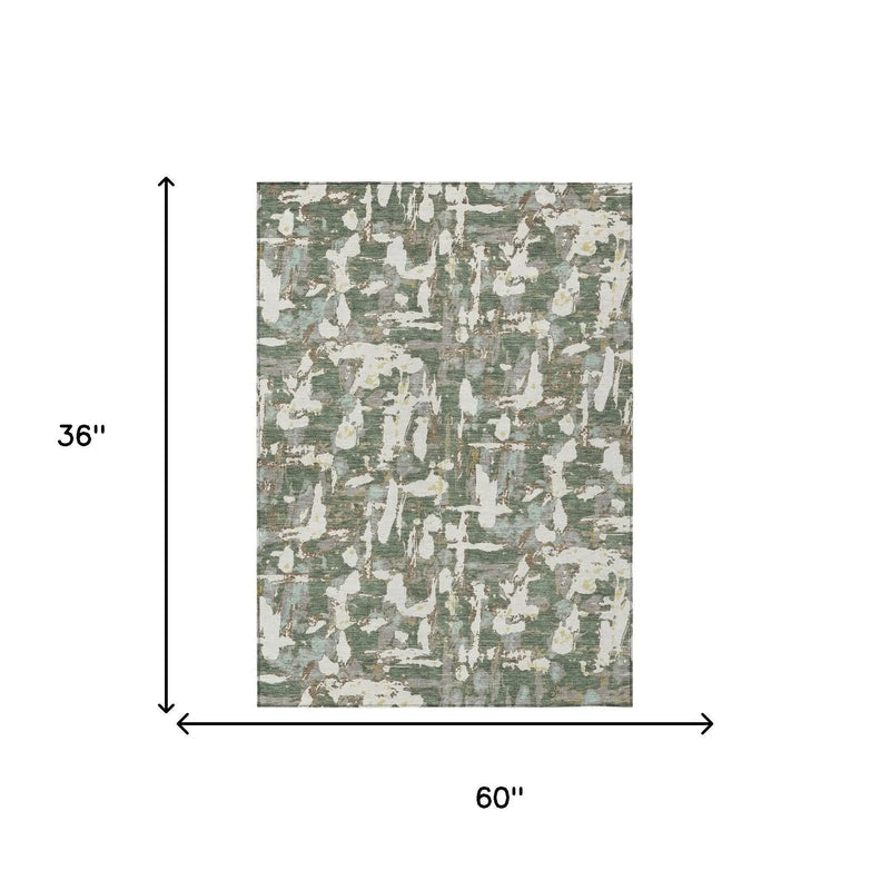 3' X 5' Green And Beige Abstract Washable Indoor Outdoor Area Rug Homeroots Outdoor