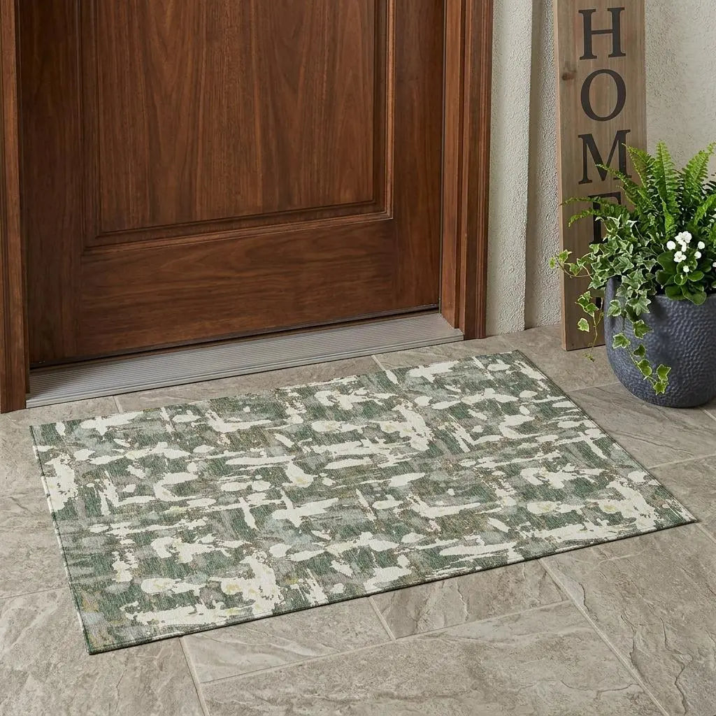 3' X 5' Green And Beige Abstract Washable Indoor Outdoor Area Rug Homeroots Outdoor