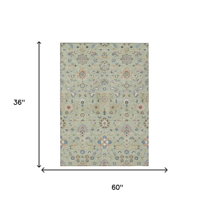 3' X 5' Green And Beige Abstract Washable Indoor Outdoor Area Rug Homeroots Outdoor