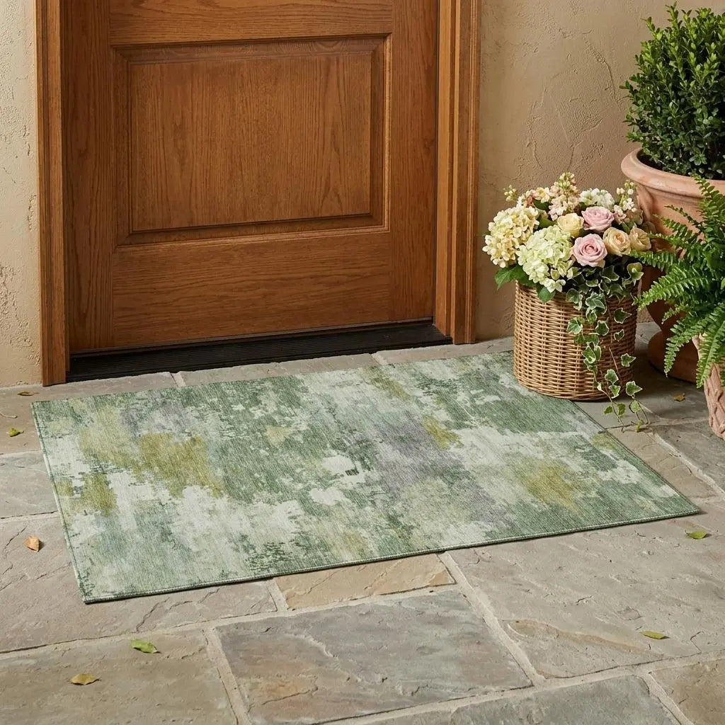 3' X 5' Green And Beige Abstract Washable Indoor Outdoor Area Rug Homeroots Outdoor