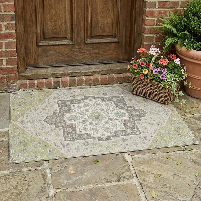 3' X 5' Green And Beige Floral Medallion Washable Indoor Outdoor Area Rug Homeroots Outdoor