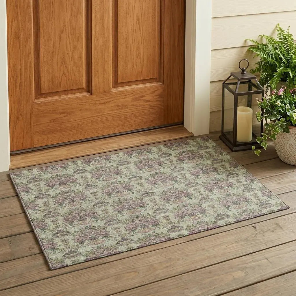 3' X 5' Green And Beige Floral Washable Indoor Outdoor Area Rug Homeroots Outdoor