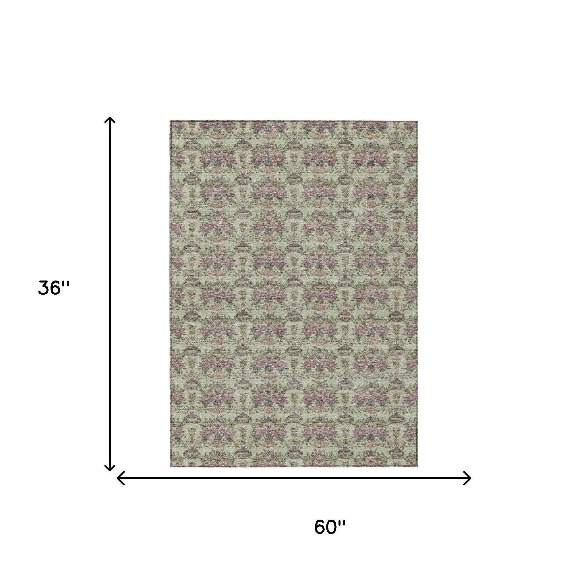 3' X 5' Green And Beige Floral Washable Indoor Outdoor Area Rug Homeroots Outdoor