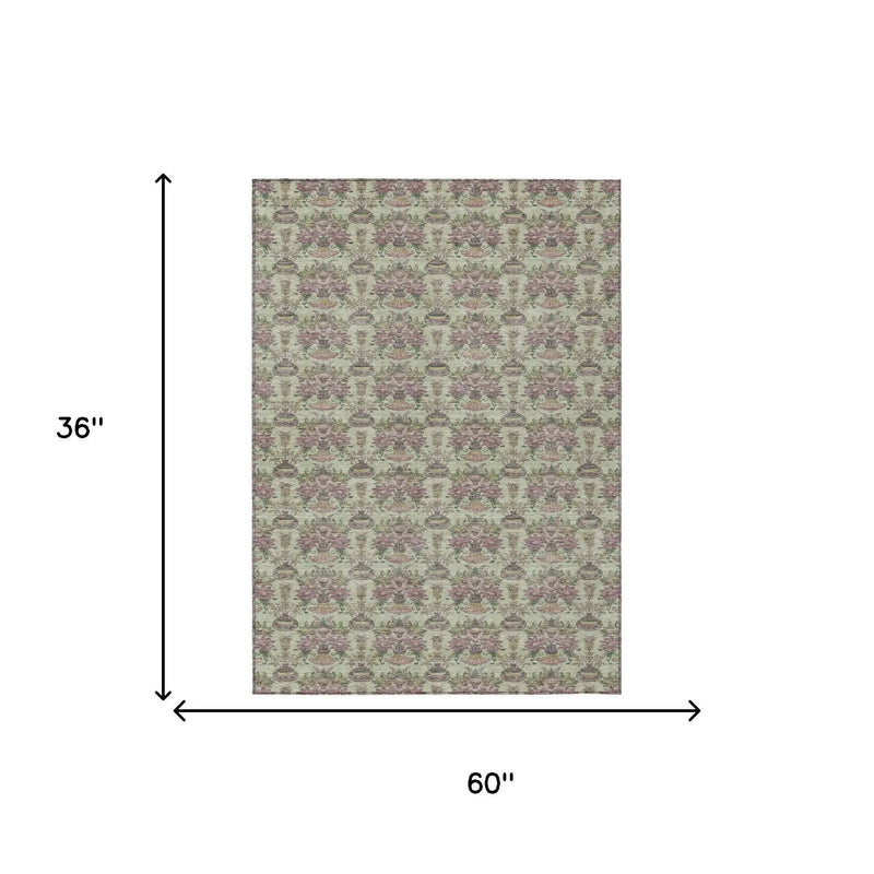 3' X 5' Green And Beige Floral Washable Indoor Outdoor Area Rug Homeroots Outdoor