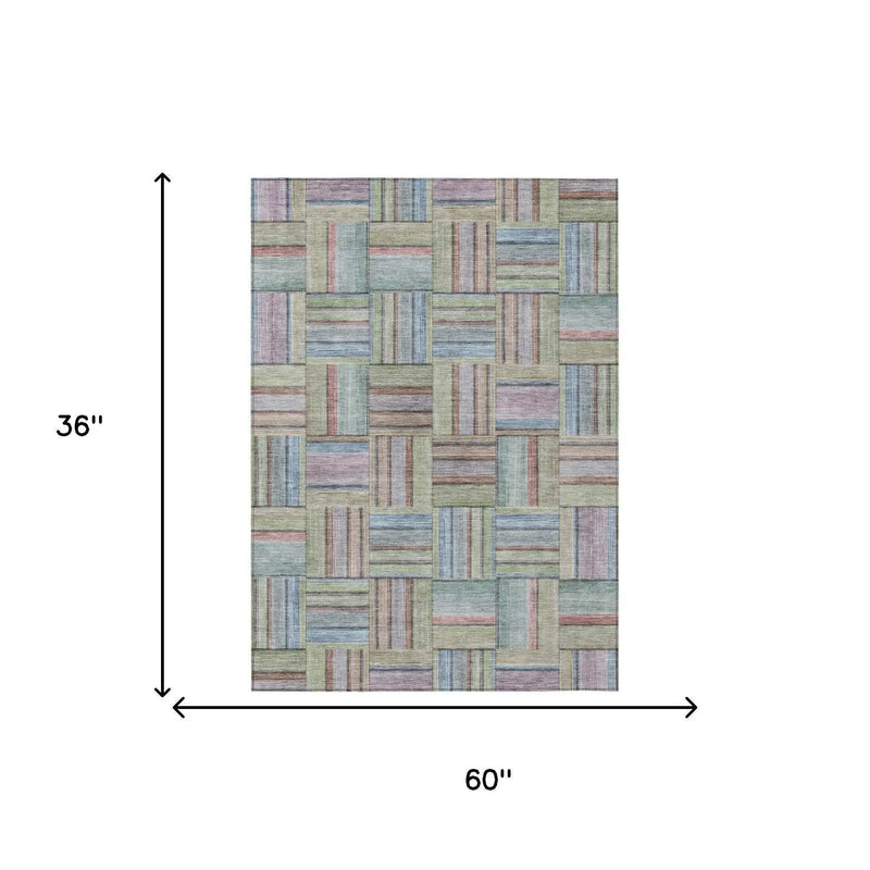 3' X 5' Green And Beige Geometric Washable Indoor Outdoor Area Rug Homeroots Outdoor