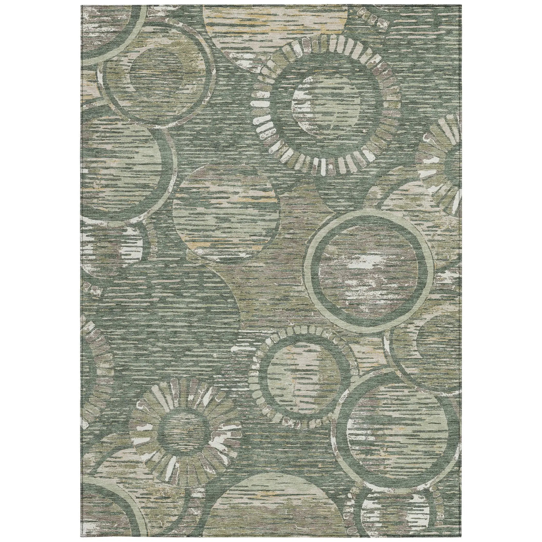 Green and beige circular patterned area rug in a modern style, featuring textured details for contemporary decor.