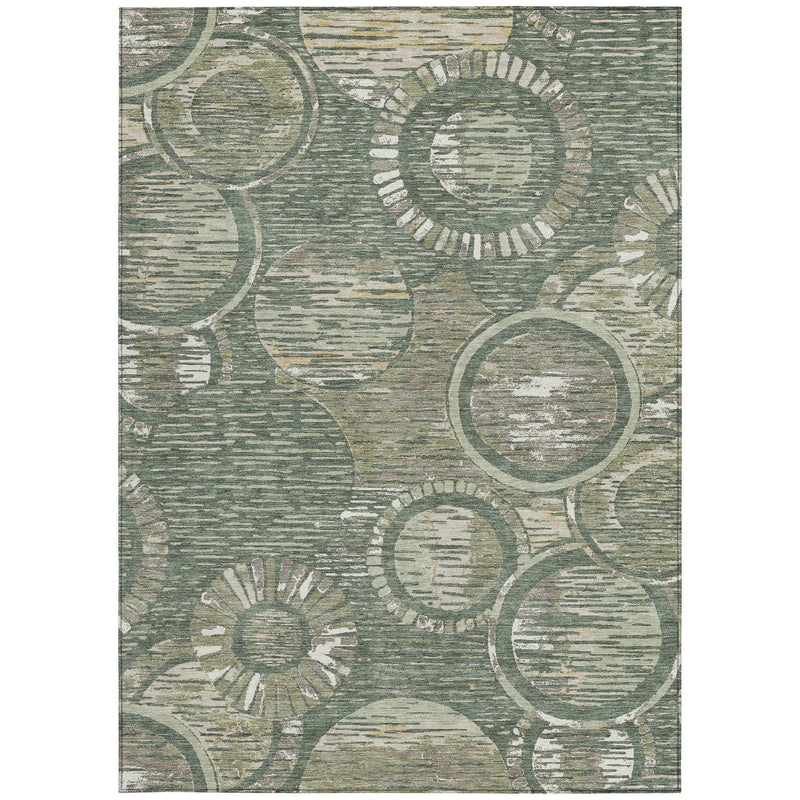 Green and beige circular patterned area rug in a modern style, featuring textured details for contemporary decor.