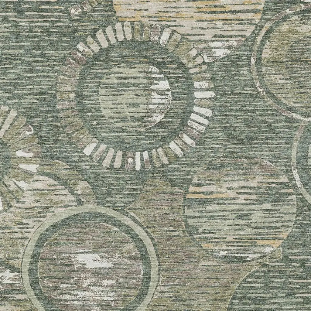 Vintage-inspired area rug featuring green and beige circular patterns on a textured background.
