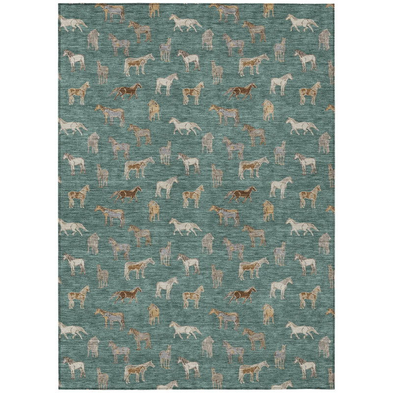 3' X 5' Green And Beige Horse Washable Indoor Outdoor Area Rug Homeroots Outdoor