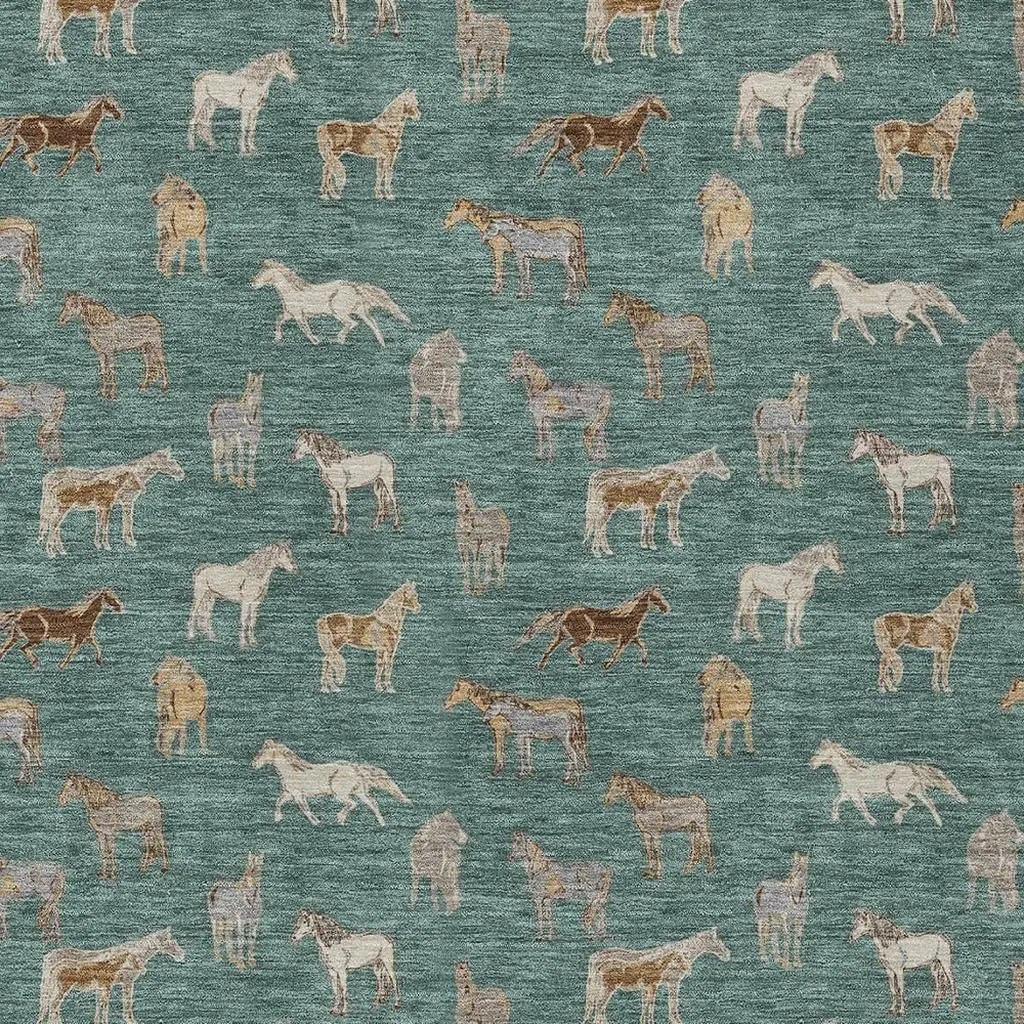 3' X 5' Green And Beige Horse Washable Indoor Outdoor Area Rug Homeroots Outdoor