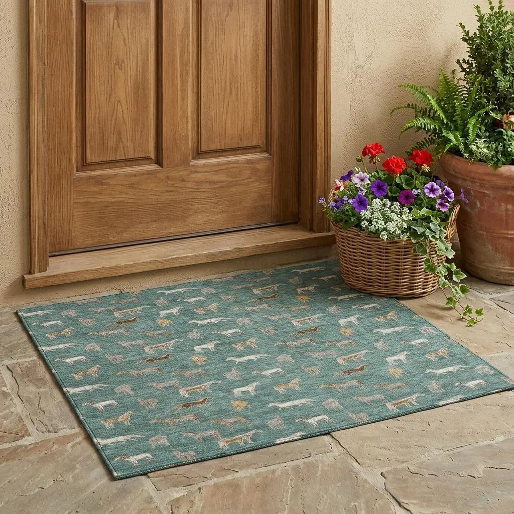 3' X 5' Green And Beige Horse Washable Indoor Outdoor Area Rug Homeroots Outdoor