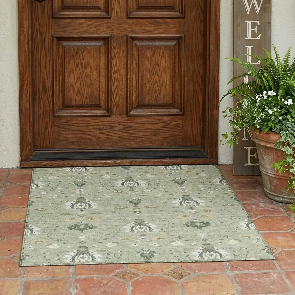 3' X 5' Green And Beige Oriental Washable Indoor Outdoor Area Rug Homeroots Outdoor