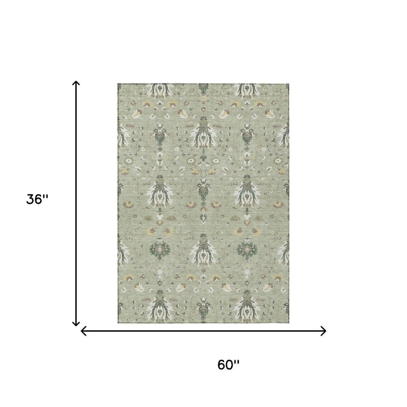 3' X 5' Green And Beige Oriental Washable Indoor Outdoor Area Rug Homeroots Outdoor