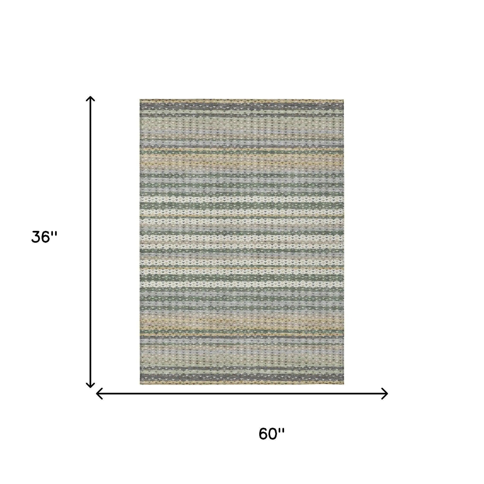 3' X 5' Green And Beige Striped Washable Indoor Outdoor Area Rug Homeroots Outdoor