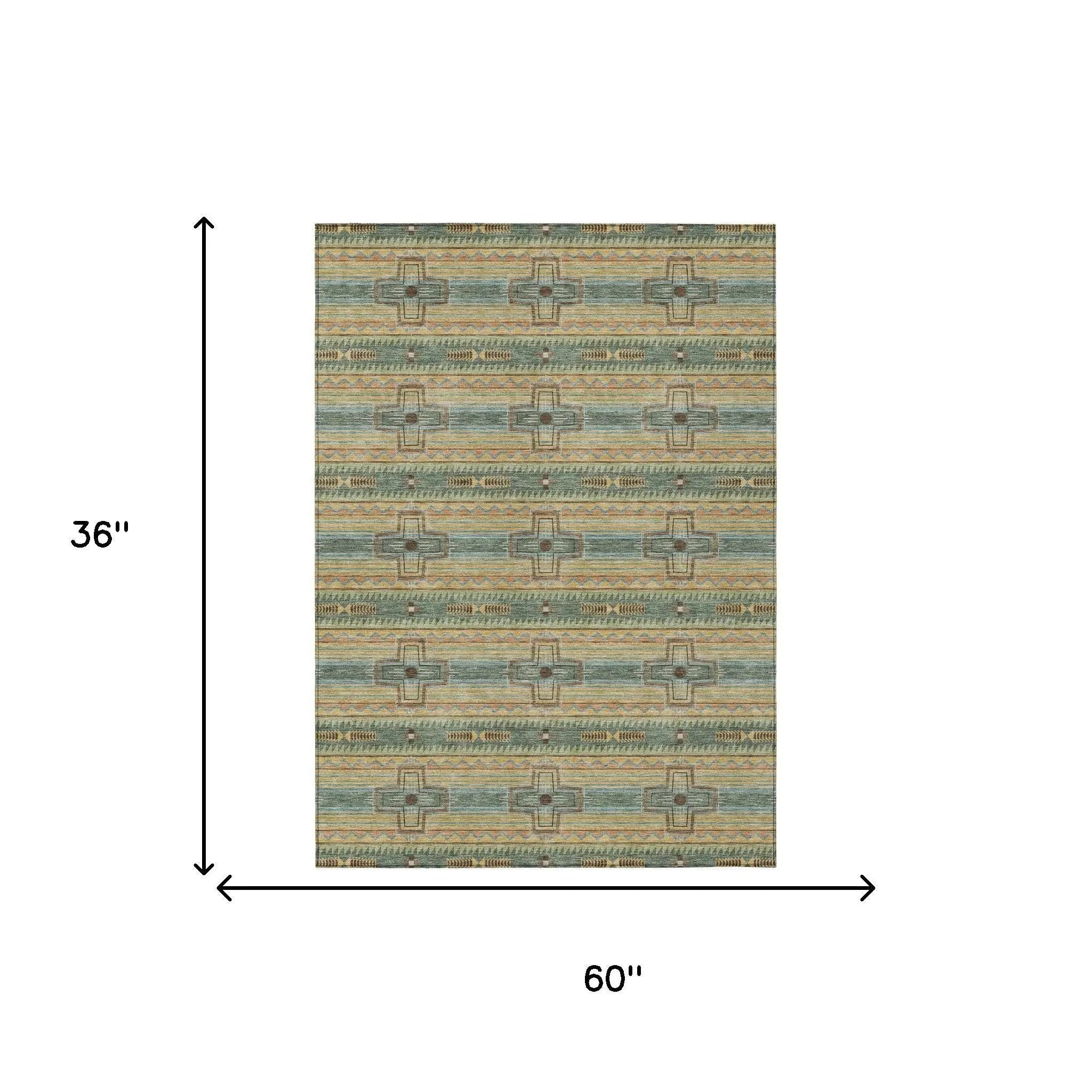 3' X 5' Green And Beige Tribal Washable Indoor Outdoor Area Rug Homeroots Outdoor