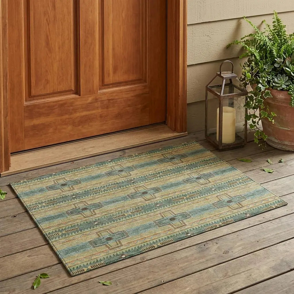 3' X 5' Green And Beige Tribal Washable Indoor Outdoor Area Rug Homeroots Outdoor