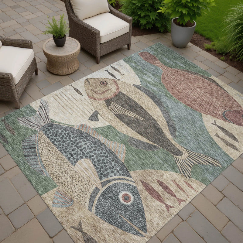 3' X 5' Green And Beige Tropical Fish Washable Indoor Outdoor Area Rug Homeroots Outdoor