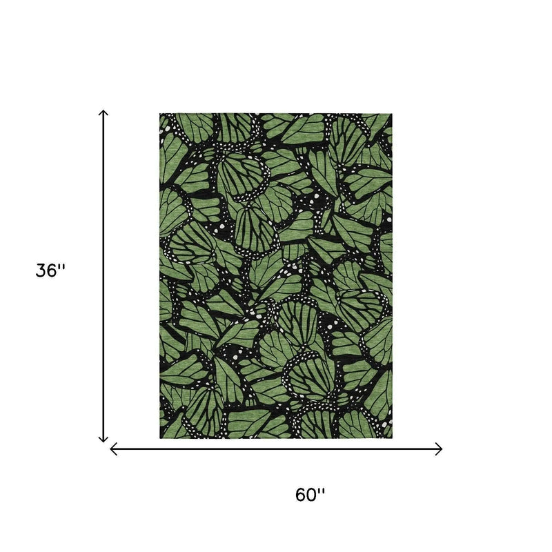 3' X 5' Green And Black Animal Print Washable Indoor Outdoor Area Rug Homeroots Outdoor
