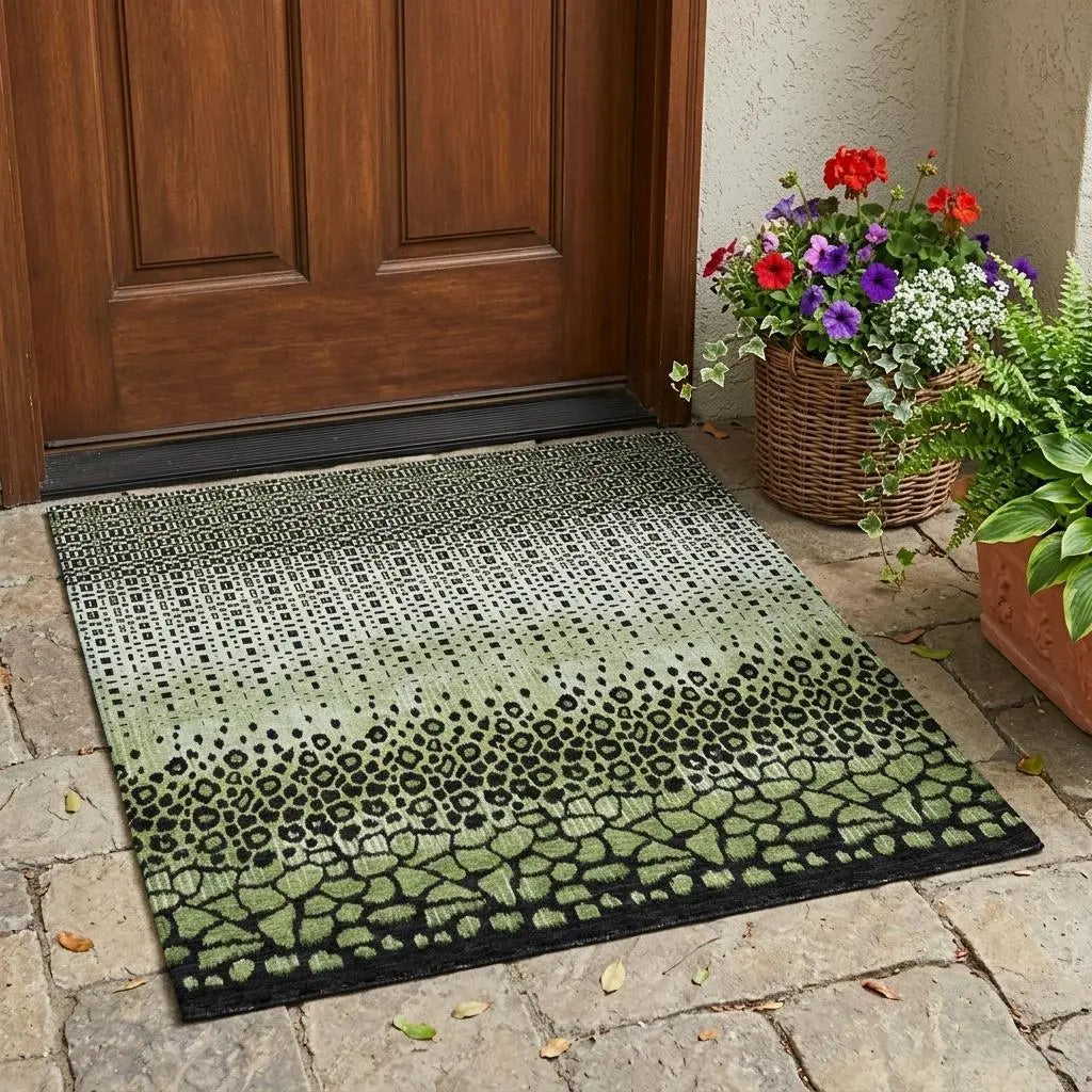 3' X 5' Green And Black Geometric Washable Indoor Outdoor Area Rug Homeroots Outdoor