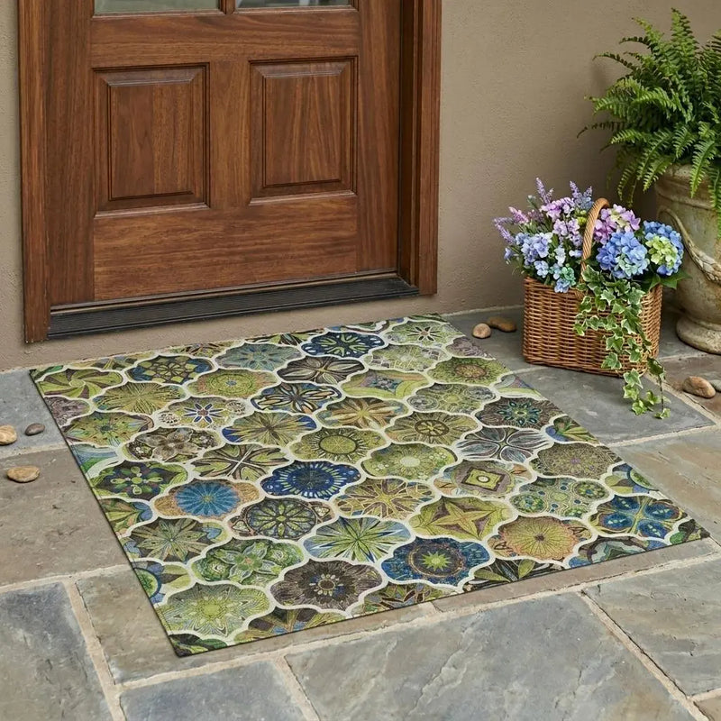 3' X 5' Green And Blue Ogee Washable Indoor Outdoor Area Rug Homeroots Outdoor