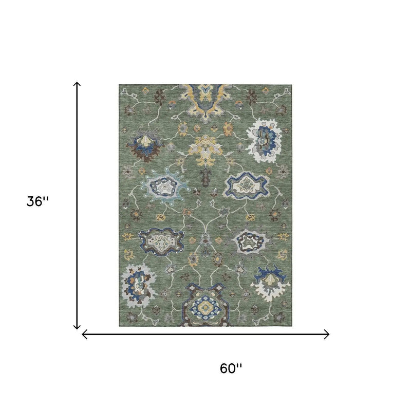 3' X 5' Green And Blue Oriental Washable Indoor Outdoor Area Rug Homeroots Outdoor