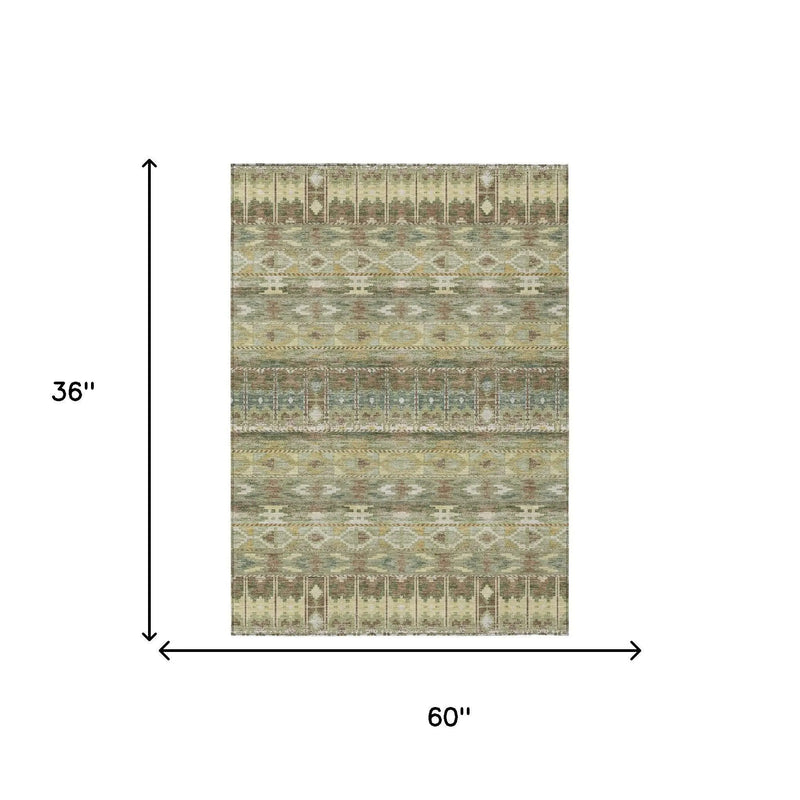 3' X 5' Green And Brown Geometric Washable Indoor Outdoor Area Rug Homeroots Outdoor