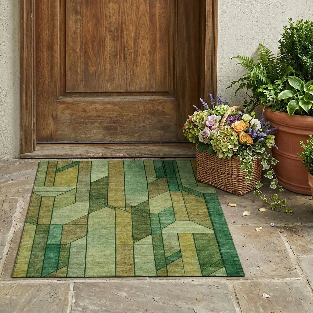 3' X 5' Green And Brown Geometric Washable Indoor Outdoor Area Rug Homeroots Outdoor