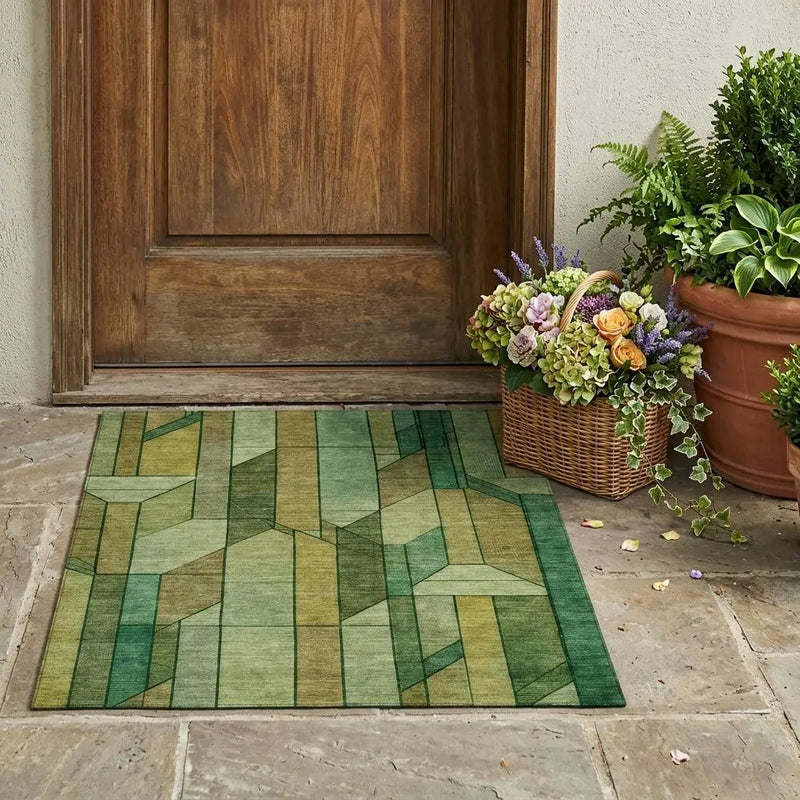 3' X 5' Green And Brown Geometric Washable Indoor Outdoor Area Rug Homeroots Outdoor