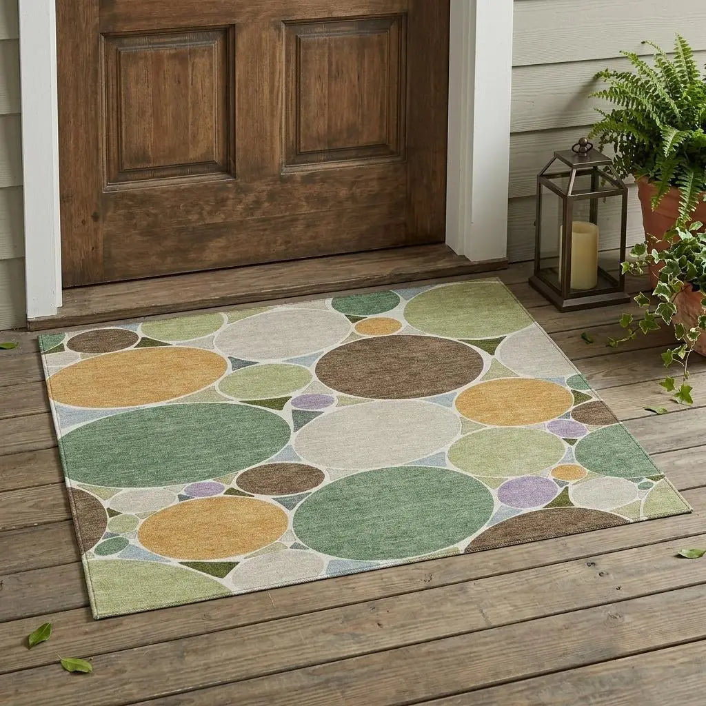 3' X 5' Green And Brown Geometric Washable Indoor Outdoor Area Rug Homeroots Outdoor