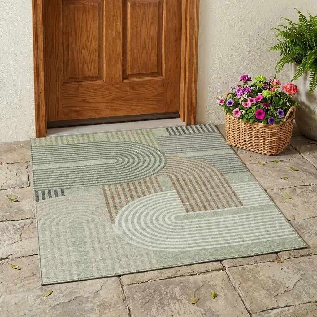 3' X 5' Green And Brown Geometric Washable Indoor Outdoor Area Rug Homeroots Outdoor