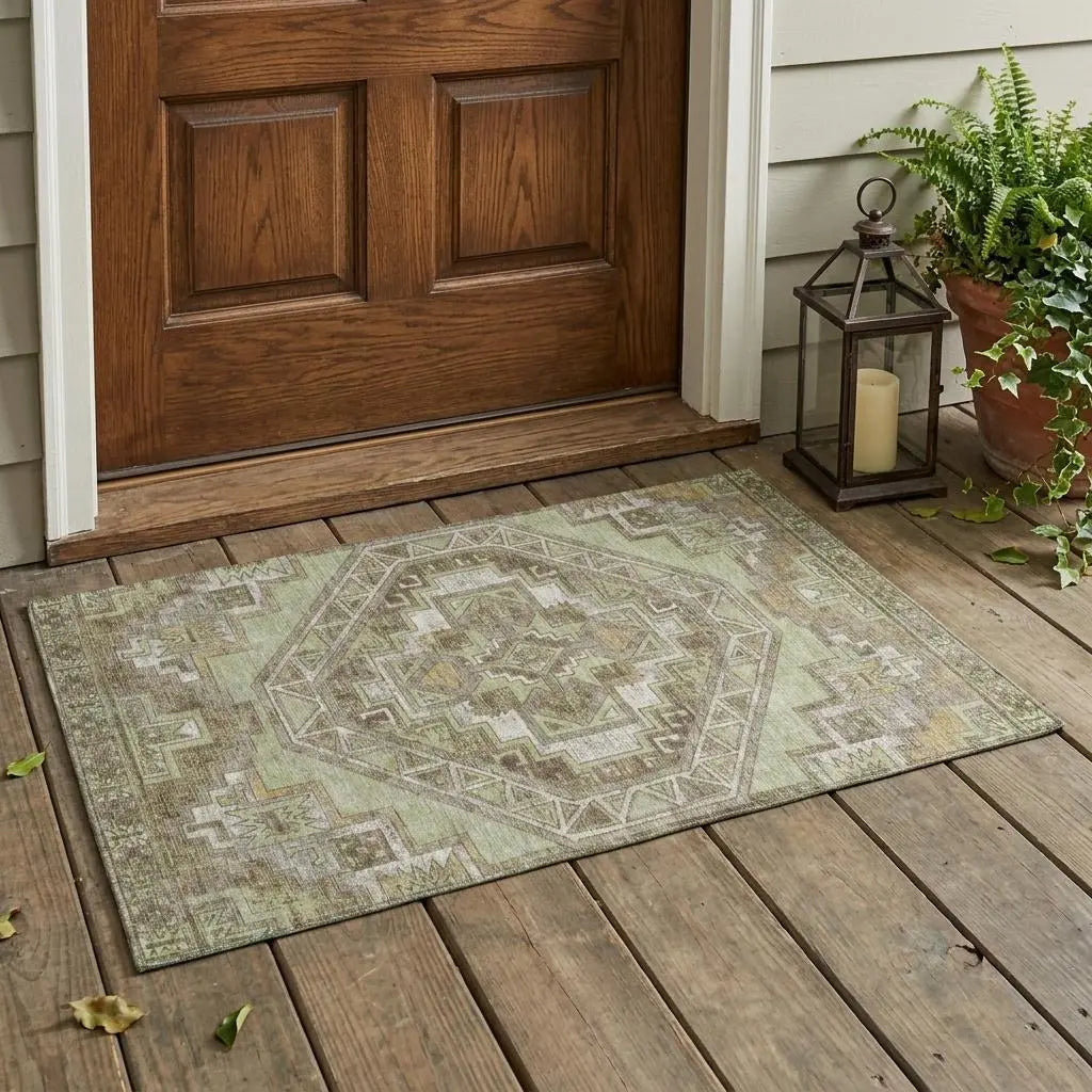 3' X 5' Green And Brown Southwestern Washable Indoor Outdoor Area Rug Homeroots Outdoor