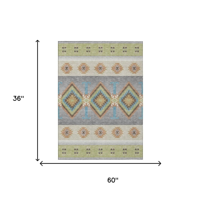 3' X 5' Green And Brown Southwestern Washable Indoor Outdoor Area Rug Homeroots Outdoor