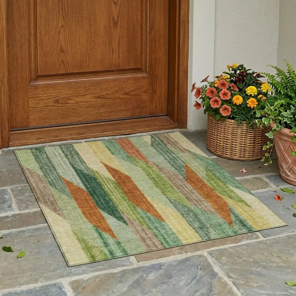 3' X 5' Green And Brown Striped Washable Indoor Outdoor Area Rug Homeroots Outdoor