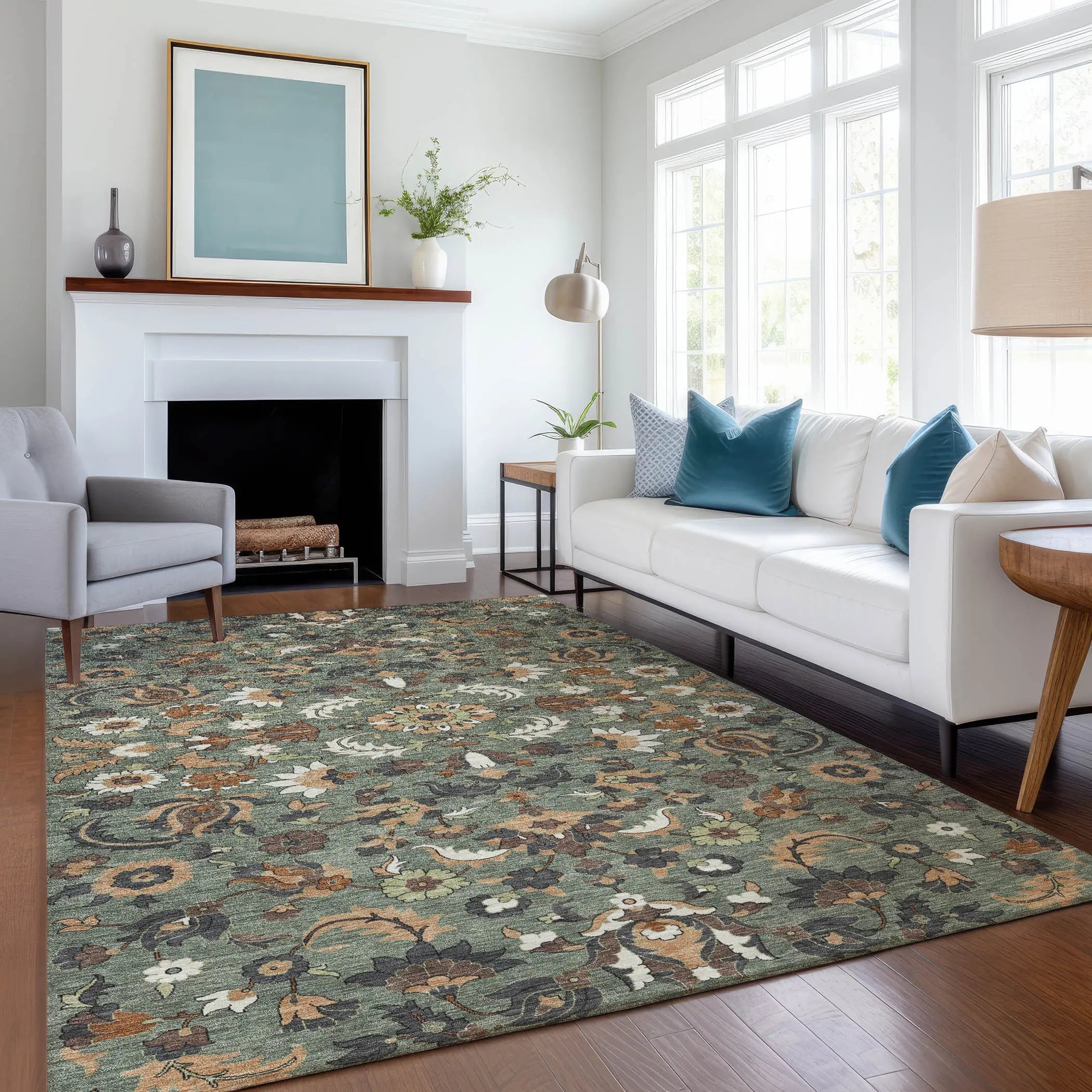 3' X 5' Green And Charcoal Floral Medallion Washable Indoor Outdoor Area Rug Homeroots Outdoor