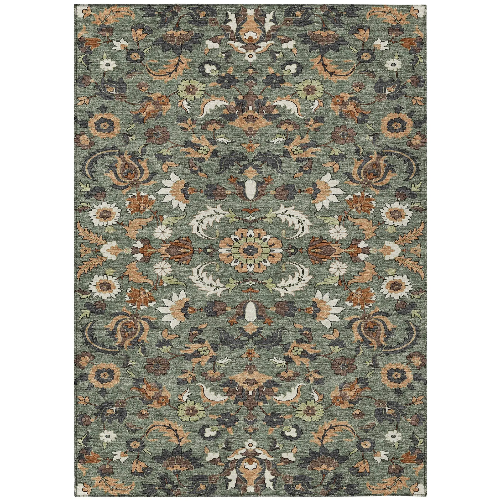 3' X 5' Green And Charcoal Floral Medallion Washable Indoor Outdoor Area Rug Homeroots Outdoor