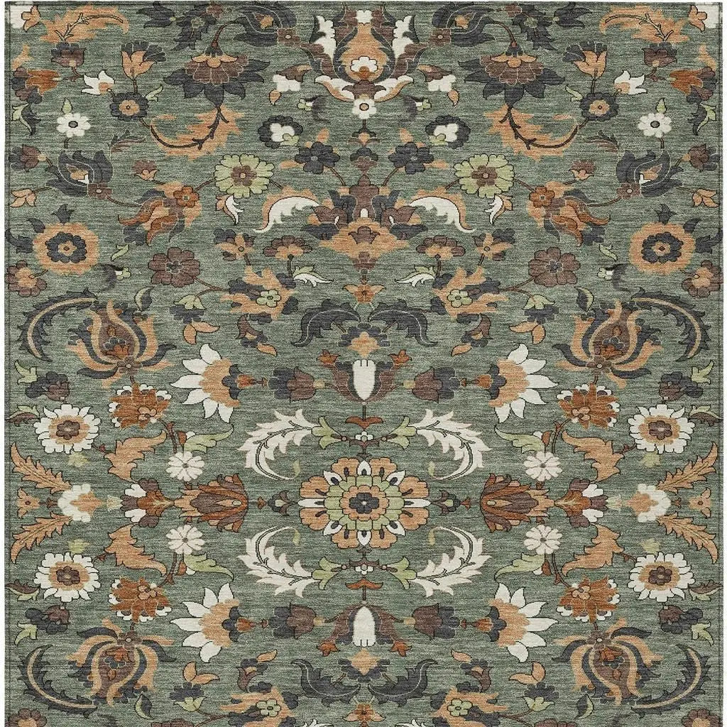 3' X 5' Green And Charcoal Floral Medallion Washable Indoor Outdoor Area Rug Homeroots Outdoor