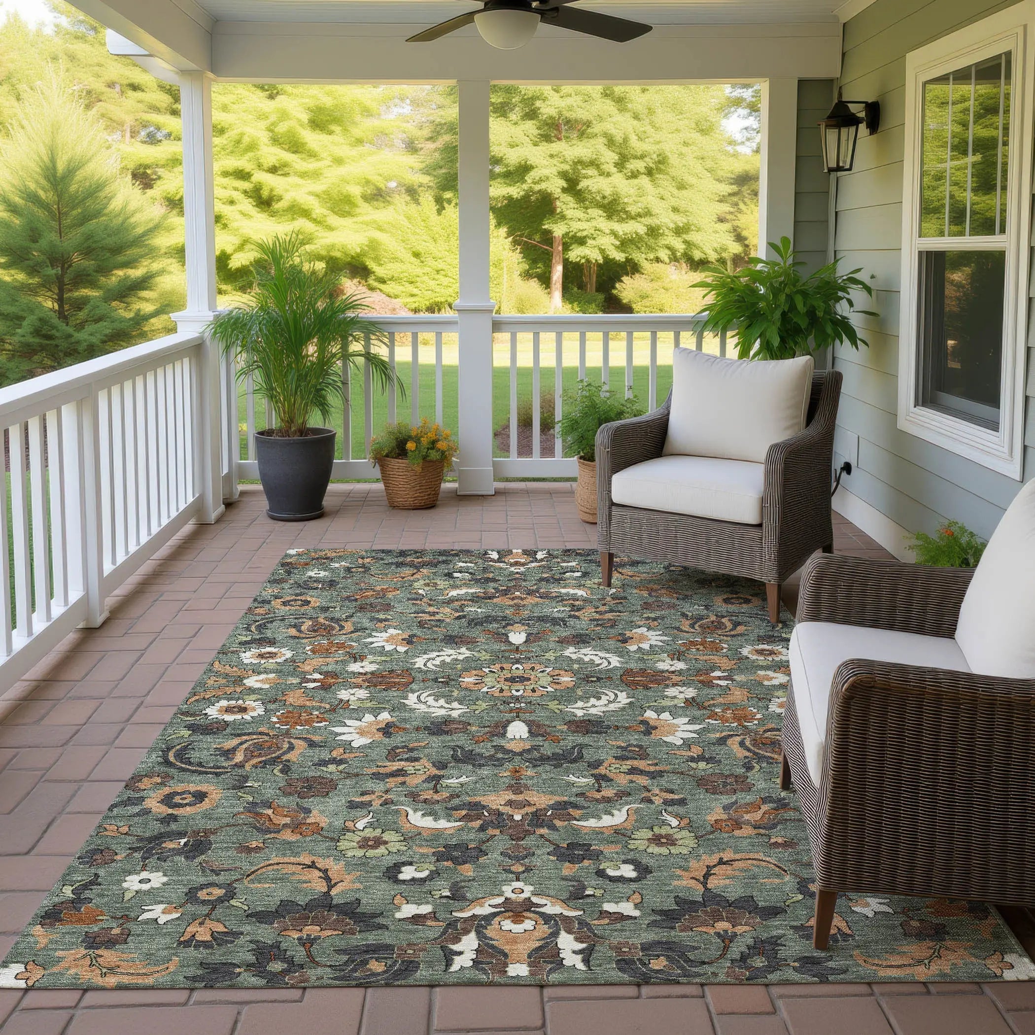 3' X 5' Green And Charcoal Floral Medallion Washable Indoor Outdoor Area Rug Homeroots Outdoor
