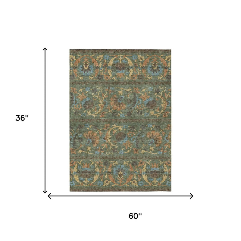 3' X 5' Green And Copper Floral Washable Indoor Outdoor Area Rug Homeroots Outdoor